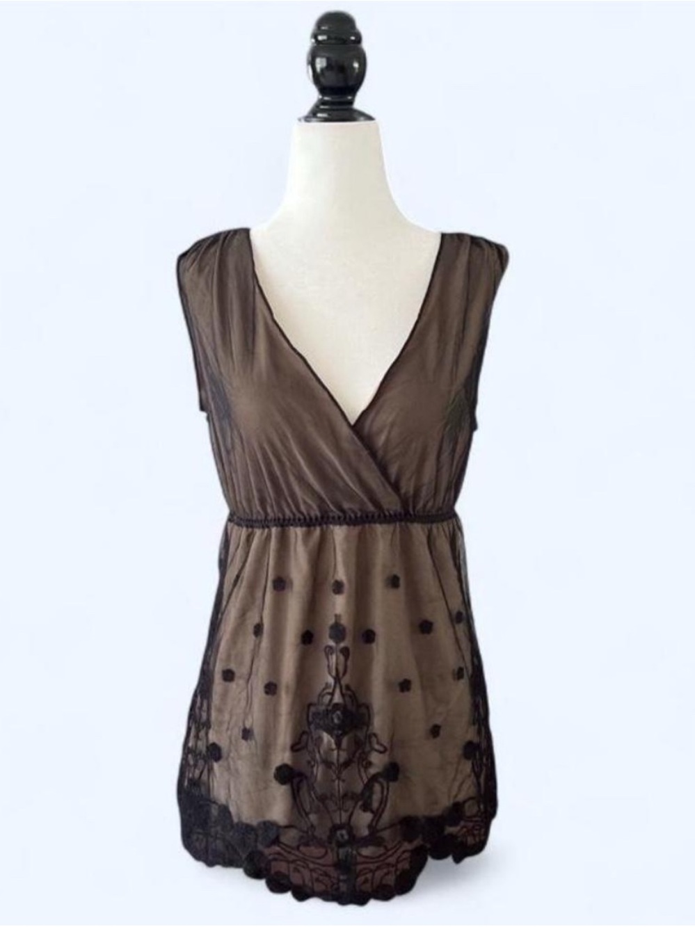 Sheer Brown Black Lace Embroidered Babydoll Sleep Tunic Medium